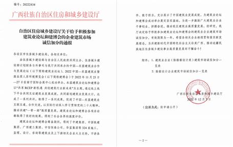 冶建公司獲自治區(qū)住建廳、南寧市住建局通報(bào)表揚(yáng)并獲誠信加分